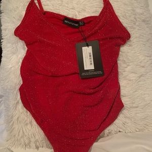 NWT-Prettylittlething-sexy straps, red textured glitter bodysuit